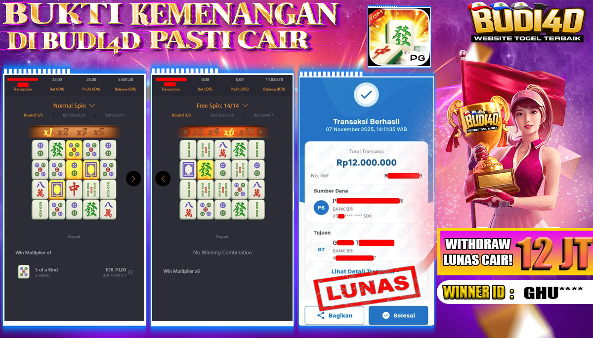 BUDI4D JACKPOT USER ID : GHU**** SLOT PGSOFT ( Mahjong Ways ) Rp.12.000.000,- LUNAS